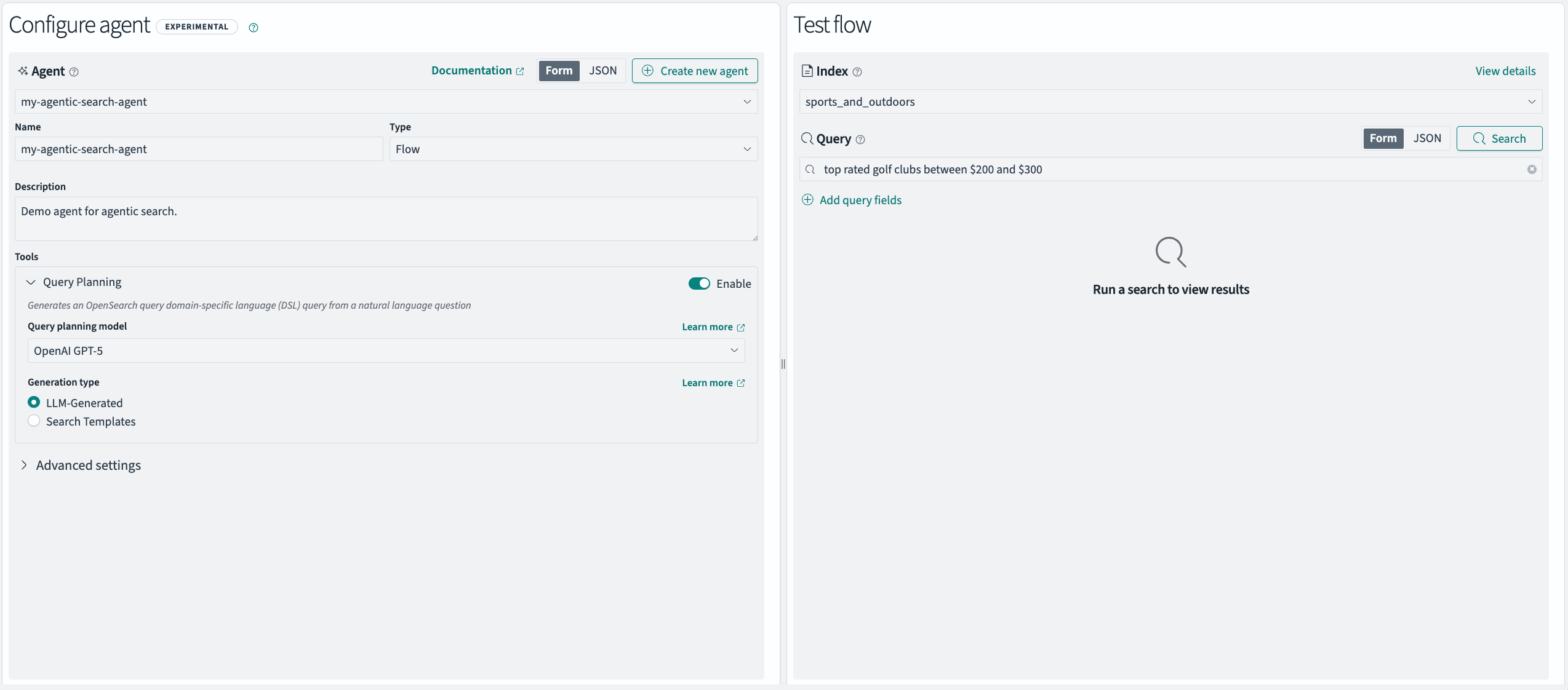 Agentic search workflow editor