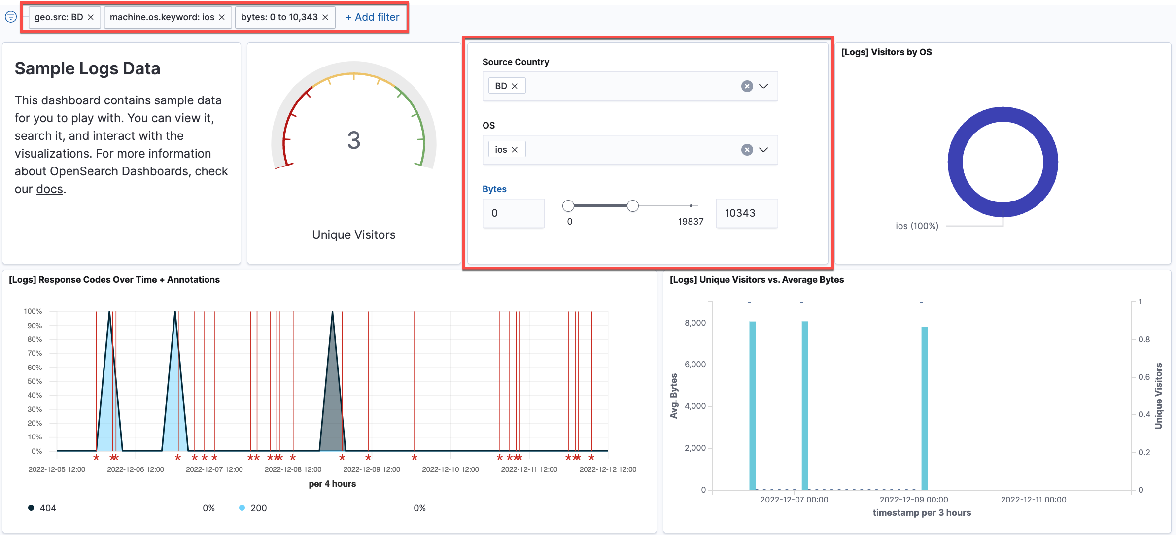 Example visualization using controls to filter data in SmartObserve Dashboards