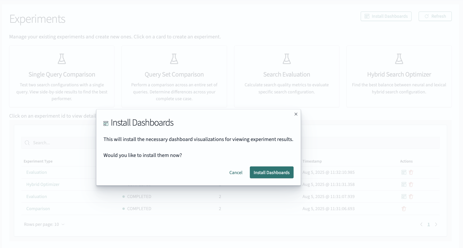 Modal to install dashboards